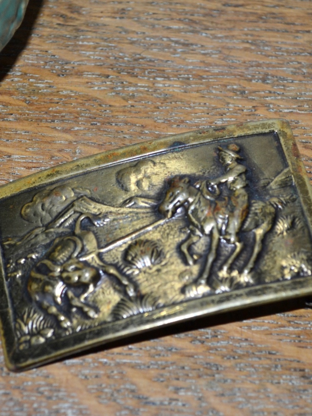 Share Vintage Western Cowboy Belt Buckle Brass Steer Roping Rodeo Scene Repousse